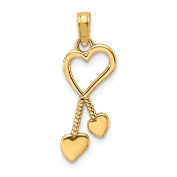 10K Yellow Gold Polished Heart with Dangling Double Heart and Beaded
Tassel Charm