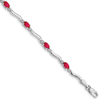 Rhodium Over 10k White Gold Diamond and Red Ruby Bracelet