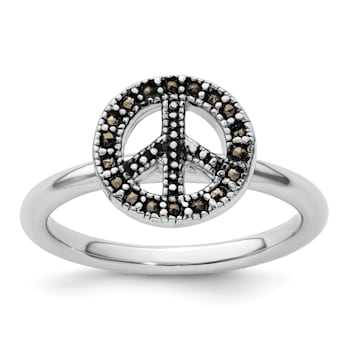 Rhodium Over Sterling Silver Stackable Expressions Marcasite Peace Sign Ring
