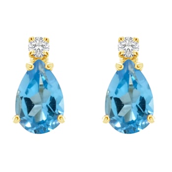 6x4mm Pear Shape Blue Topaz with Diamond Accents 14k Yellow Gold Stud Earrings