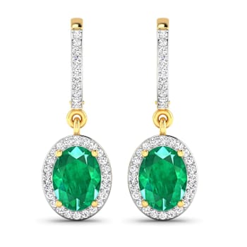 2.0ctw 14K Yellow Gold  Zambian Green Emerald and White Diamond Halo Earrings