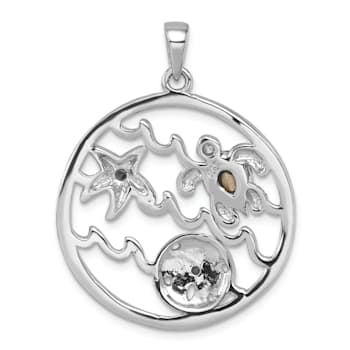 Rhodium Over Sterling Silver Antiqued Round Crystal Sealife Pendant