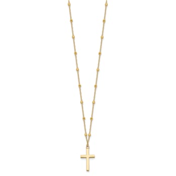 14K Yellow Gold Polished and Diamond-cut Cross with 2-inch Extension Necklace