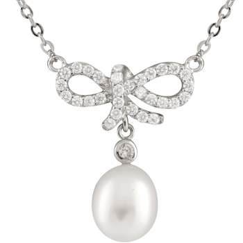 Cultured Freshwater Pearl and CZ Bow Necklace in Sterling Silver