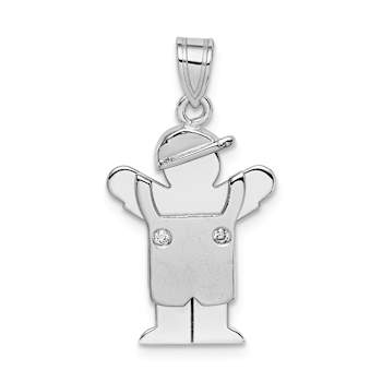 Rhodium Over 14k White Gold Satin Diamond Boy with Cap on Left Pendant