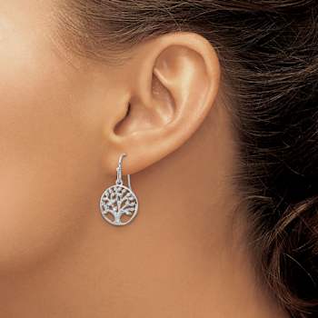 Rhodium Over Sterling Silver Polished and Textured Cubic Zirconia Tree
of Life Dangle Earrings