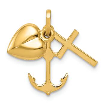 14k Yellow Gold Polished Moveable Heart Cross Anchor Pendant