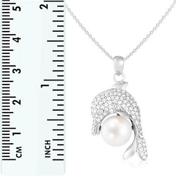 10-11mm Button White Cultured Freshwater Pearl and CZ Rhodium Over
Sterling Silver Pendant