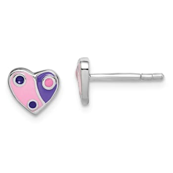 Rhodium Over Sterling Silver Pink and Purple Enamel Heart Post Earrings