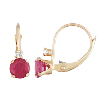 Lab Created Ruby and White Zircon 10K Yellow Gold Dangle Earrings 1.10ctw