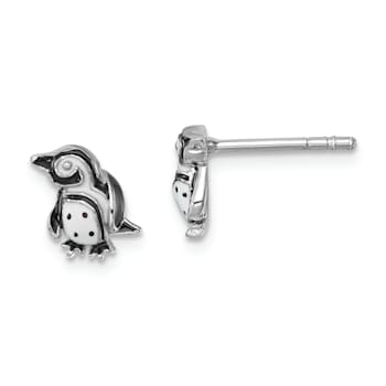 Rhodium Over Sterling Silver Polished Enamel Penguin Post Earrings