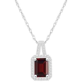 8x6mm Emerald Cut Garnet 1/6 ctw Diamond Rhodium Over Sterling Silver
Halo Pendant with Chain