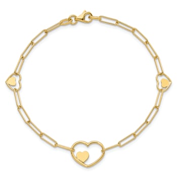 14K Yellow Gold Paperclip Link Heart 7.25-inch Bracelet