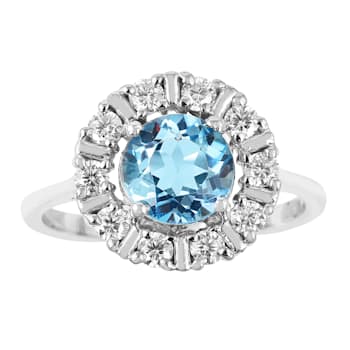 Blue Topaz with Moissanite Accents Sterling Silver Halo Ring