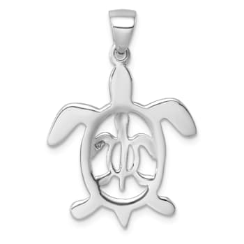Rhodium Over Sterling Silver Cut Out Mother and Baby Turtle Pendant