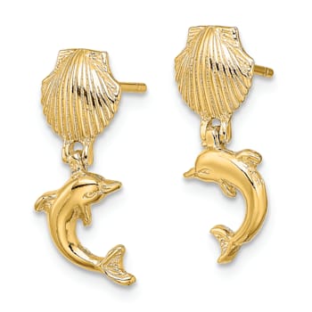 14K Yellow Gold Textured Dolphin Dangle From Mini Scallop Earrings