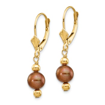 14K Yellow Gold 5-6mm Semi-round Coffee Brown Freshwater Cultured Pearl
Leverback Earrings