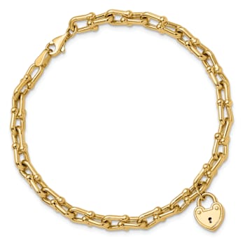 14k Yellow Gold Polished Link with Heart Lock Charm Bracelet