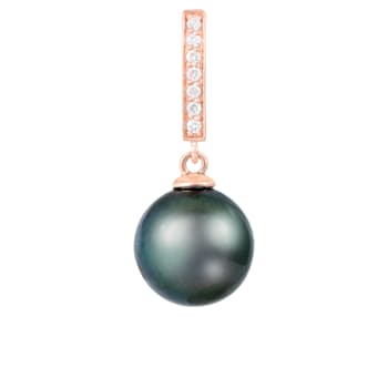 Black Cultured Tahitian Pearl and Diamond 14k Rose Gold Pendant 10-11mm