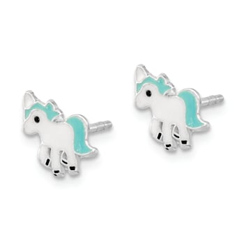 Rhodium Over Sterling Silver Enamel Unicorn Post Earrings