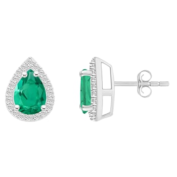 7x5mm Pear Shape Created Emerald And Created White Sapphire 10k White
Gold Halo Stud Earrings