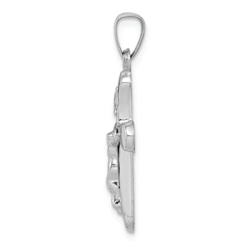Rhodium Over 14k White Gold Polished Brushed INRI Rounded Crucifix Pendant