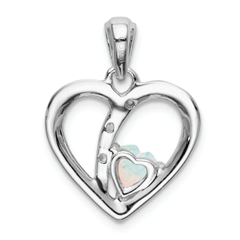 Rhodium Over 14k White Gold Lab Created Opal and Diamond Heart Pendant