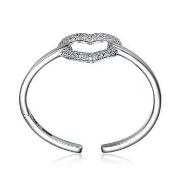 Heart Motif CZ Pave Cuff Bracelet In Sterling Silver