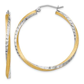 14k Two-tone Satin Diamond-Cut 1 3/8" Twisted Hoop Earrings