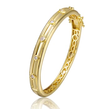 Grooved CZ Bangle Bracelet In 14K Gold Over Brass