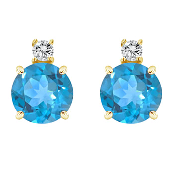 5mm Round Blue Topaz with Diamond Accents 14k Yellow Gold Stud Earrings