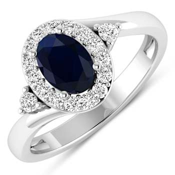 Oval Blue Sapphire and Diamond 14K White Gold Halo Ring 1.02 ctw