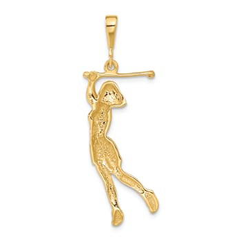 14k Yellow Gold Brushed and Diamond-Cut Female Golfer Pendant