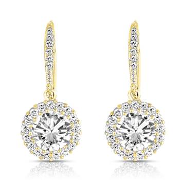 CZ Halo Drop Earrings In 14K Gold Over Sterling Silver