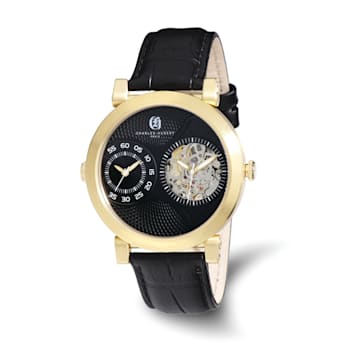 Charles Hubert Men's IP-plated Leather 46mm Dual Time Watch
