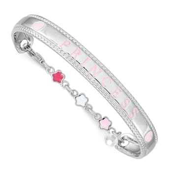 Rhodium Over Sterling Silver Enamel and Crystal PRINCESS with Chain Baby Bangle