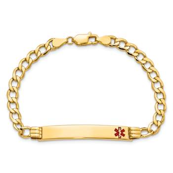 14k Yellow Gold Semi-Solid Medical Polished Red Enamel Cuban ID Bracelet