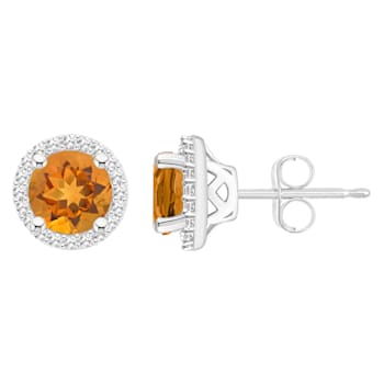 6mm Round Citrine 1/5 ctw Diamond Rhodium Over Sterling Silver Halo Stud Earrings