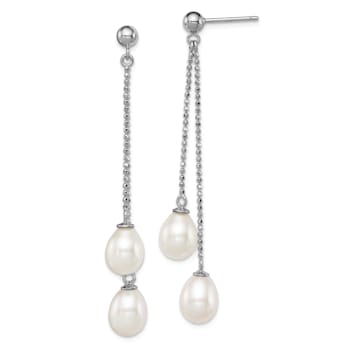 Rhodium Over Sterling Silver  7-8mm White Freshwater Cultured Pearl Post
Dangle Earrings