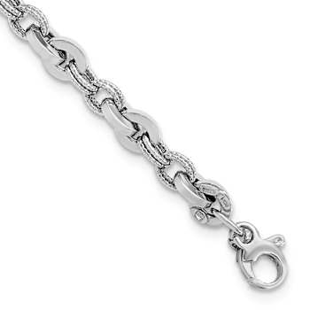 Rhodium Over 14k White Gold Polished and Textured Fancy Link Bracelet