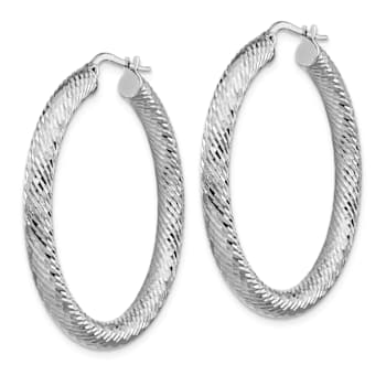 Rhodium Over 14K White Gold 1 5/8" Diamond-Cut Round Hoop Earrings