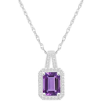 8x6mm Emerald Cut Amethyst 1/6 ctw Diamond Rhodium Over Sterling Silver
Halo Pendant with Chain
