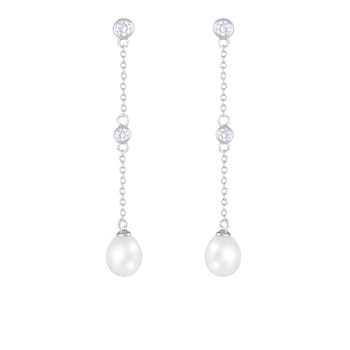 7-8mm white cultured freshwater pearl rhodium over sterling silver earrings