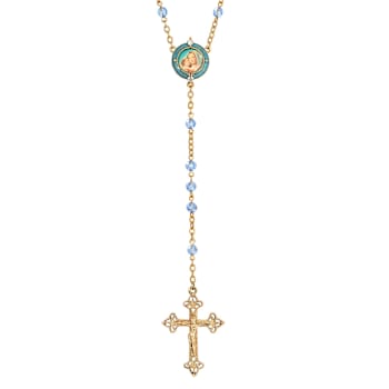 Symbols Of Faith Gold Tone Blue Beaded Rosary with Mary and Child Decal