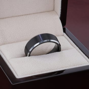ASTON Black Brushed Center Tungsten Ring with Polished Beveled Edges 8mm