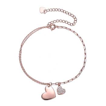 Heart Charm CZ Pave Bracelet In 18K Rose Gold Over Brass