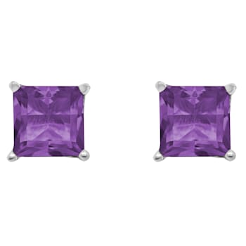 6mm Square Cut Amethyst Rhodium Over Sterling Silver Stud Earrings