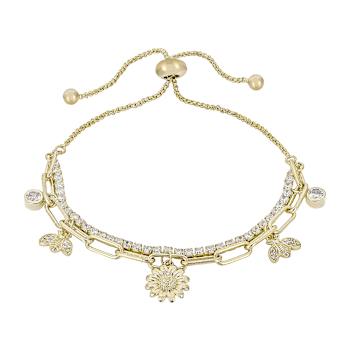 CZ Layered Charm Bolo Bracelet In 14K Gold Over Brass 2.91ctw
