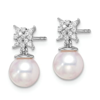 Rhodium Over 14K White Gold Freshwater Cultured Pearl and Diamond Post Earrings