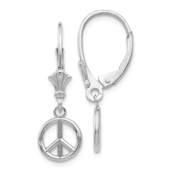 Rhodium Over 14k White Gold 3D Peace Symbol Dangle Earrings